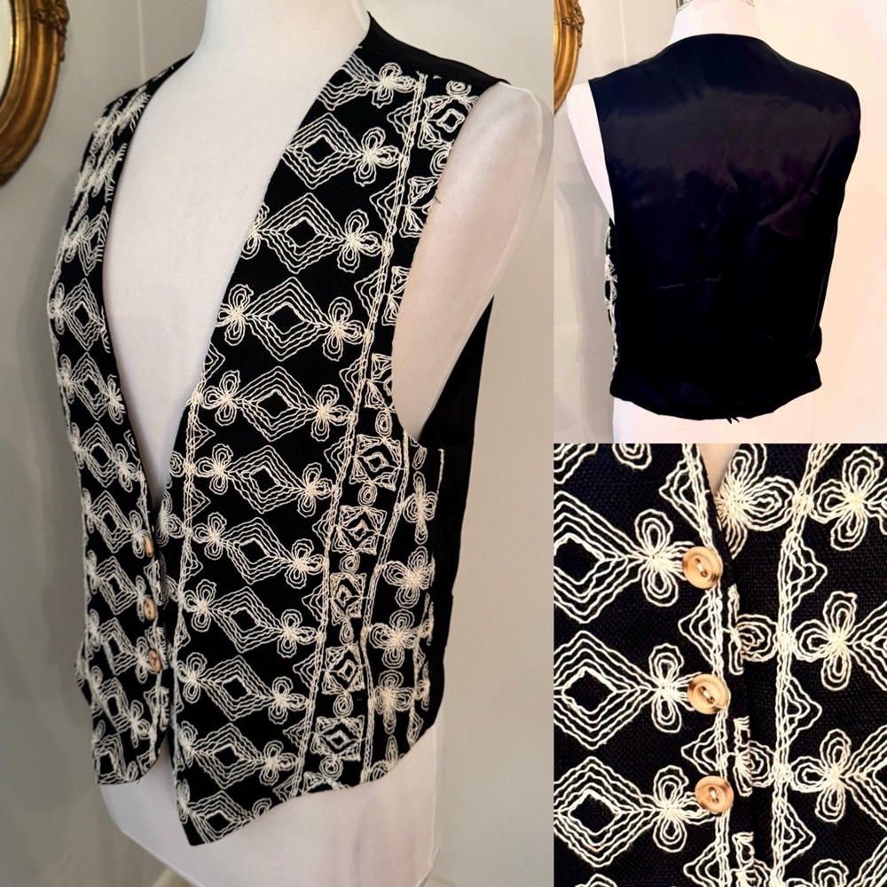 Black White Embroidered Women's Vest Bohemian M Sleeveless Boho western